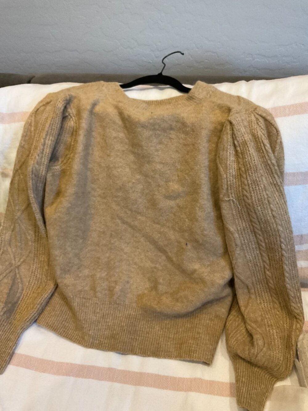 State Cable Knit Sweater Camel Tan Puff Sleeve Mixed Stitch XL - Picture 3 of 4